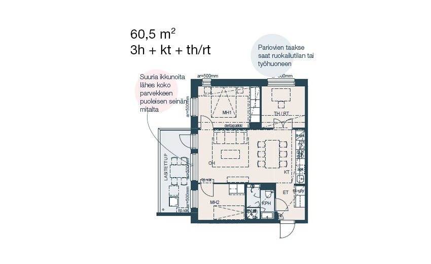 60,5 m² 3h+kt+rt/th. Tämä kolmio on todella monipuolinen, voit valita joko ruokailutilan tai työhuoneen.