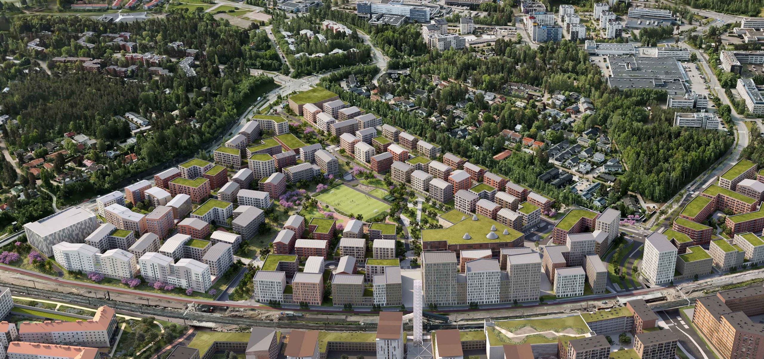 Eteläisen Keran alueen asemapiirros, jota halkoo keskeltä junarata.