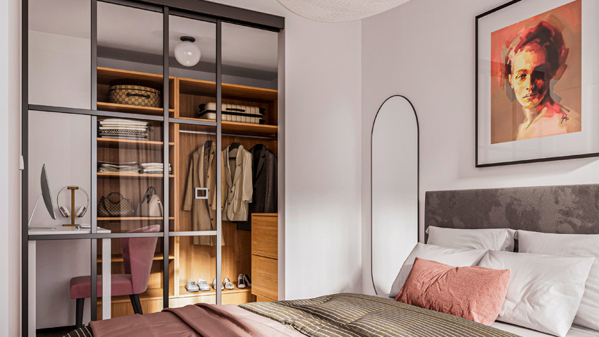 Tyylikäs walk-in-closet muuntuu moneksi. Kauniilla lasiliukuseinällä makuuhuoneesta erotettu vaatehuone voi palvella monenlaisissa tehtävissä tarpeen mukaan.