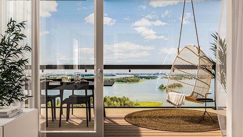 Alustava parvekevisualisointi Espoon Keilaniemen YIT Kodista. 