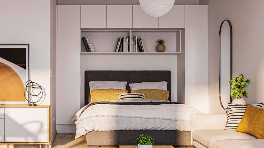 Alkovillisiin yksiöihin on nerokkaasti taiottu säilytystilaa sijoittamalla kaapistot sängyn vierustalle ja yläpuolelle