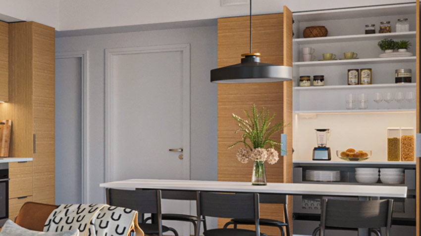 Aamiaiskaapin ovien taakse saat koottua kaikki aamupalatarvikkeet yhteen paikkaan, mikä helpottaa ja nopeuttaa aamiaisen laittoa.