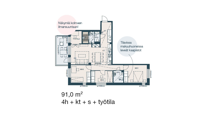91 m² 4h+kt+tt+s. Avarassa neljän huoneen asunnossa on lasitettu parveke, kaksi wc:tä, tyylikäs sauna ja työtila.