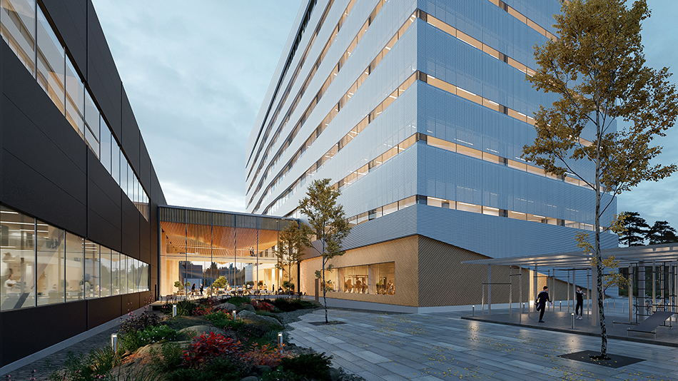 Kampuksen sydän on puukattoinen ravintolasali kaikkien toimintojen keskellä. Vasemmalla teollisuusosa, oikealla toimisto-osa.