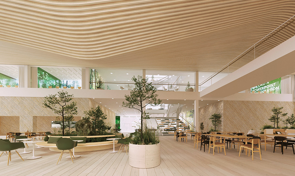 Näkymä ravintolasalin halki kohti toimisto-osaa ja pääsisäänkäyntiä.