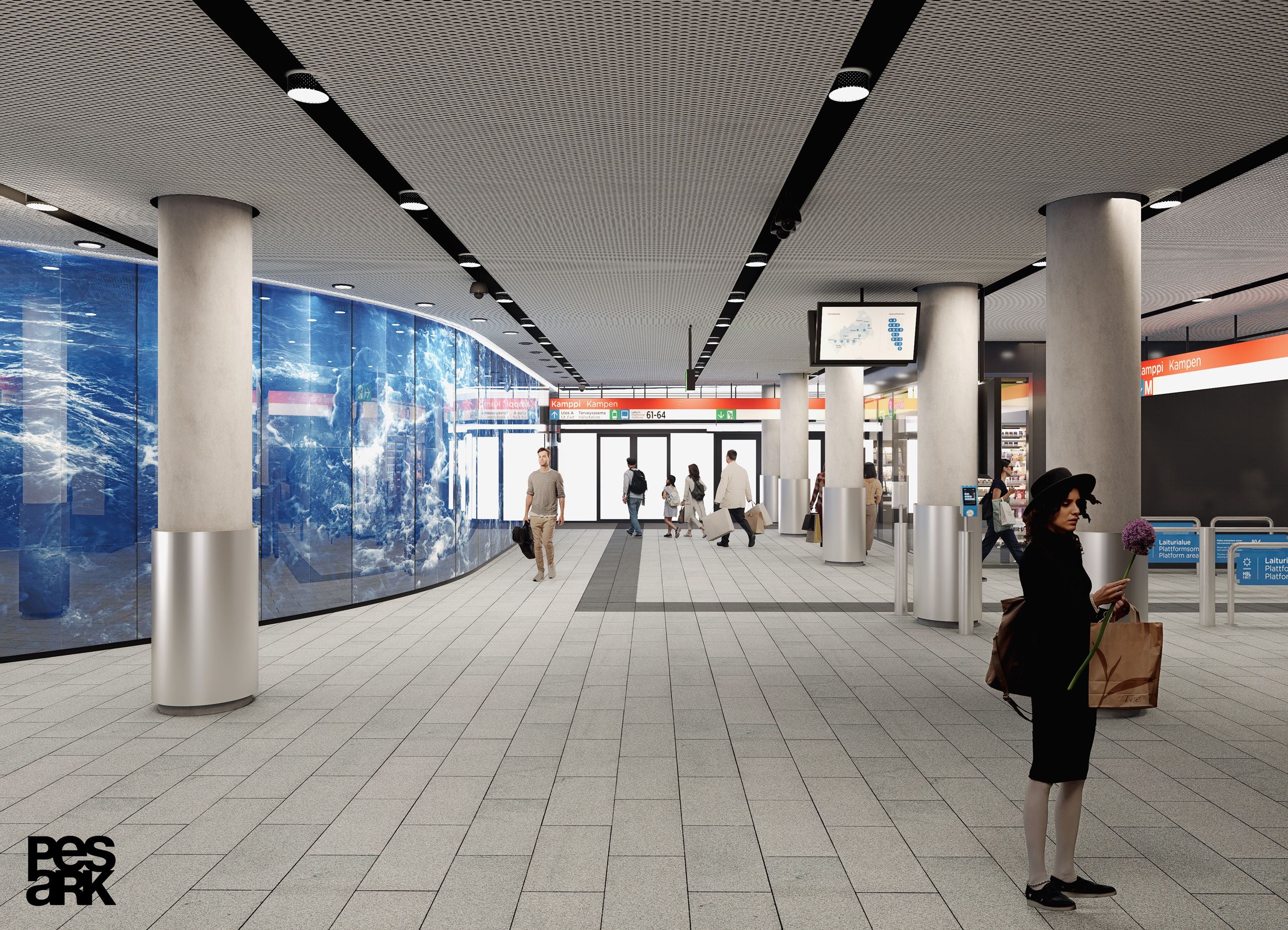 Havainnekuva Kampin Metroaseman lippuhalli