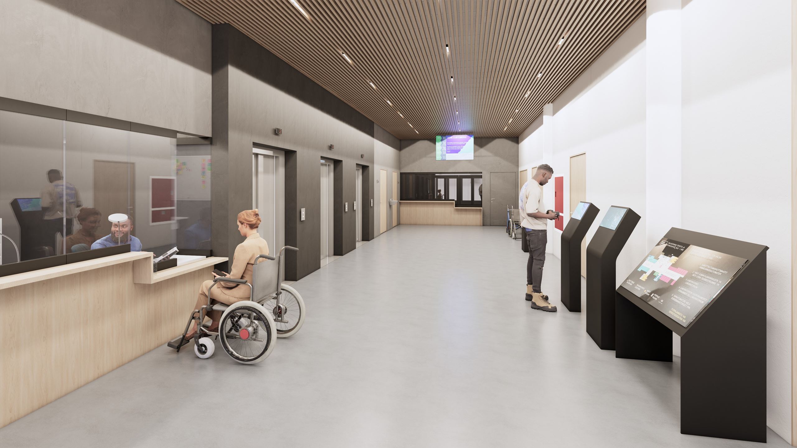 Havainnekuva Kampin terveys- ja hyvinvointikeskuksen sisäänkäynnin hissiaulasta