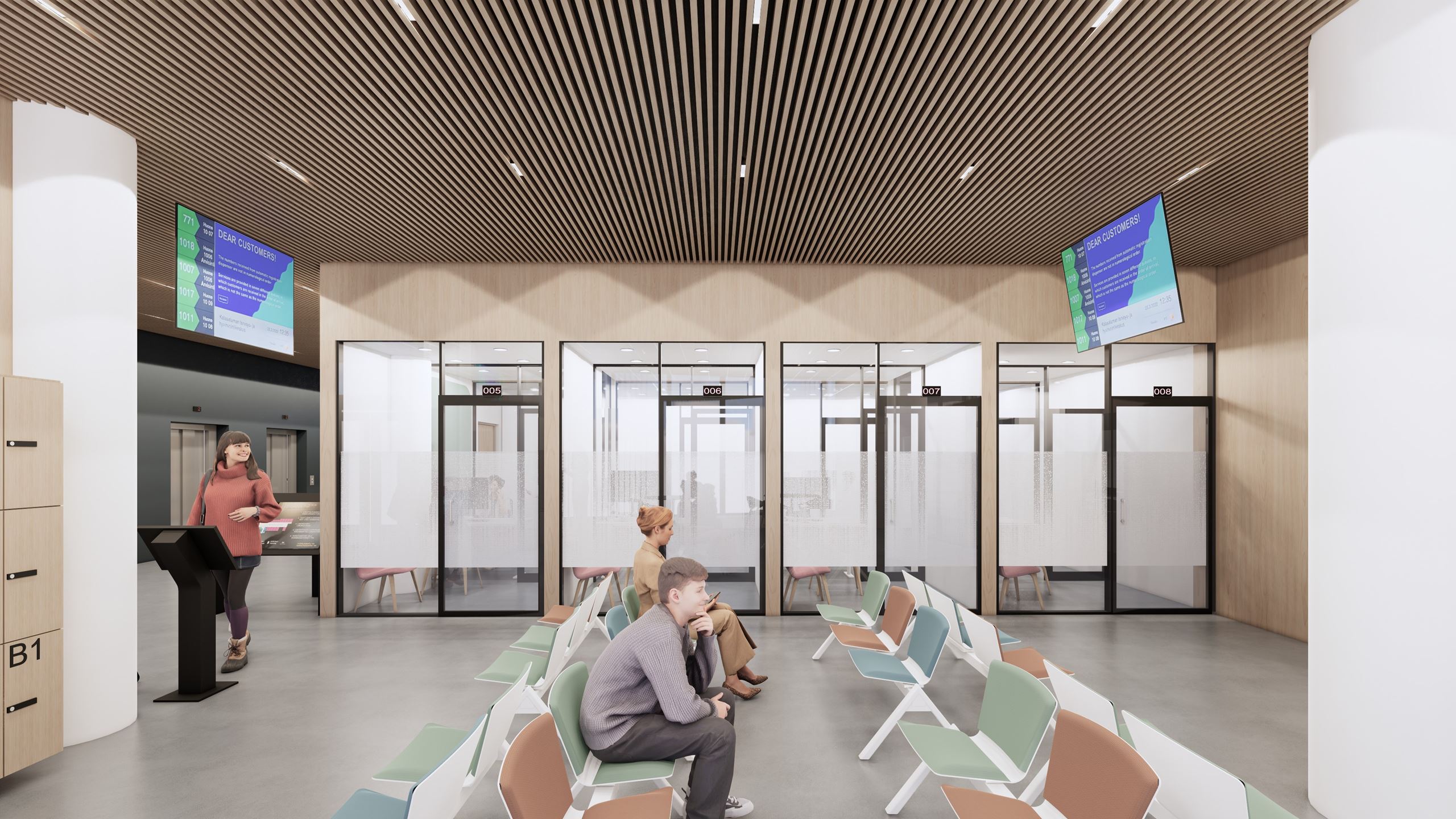 Havainnekuva Kampin terveys- ja hyvinvointikeskuksen katutason odotusaulasta