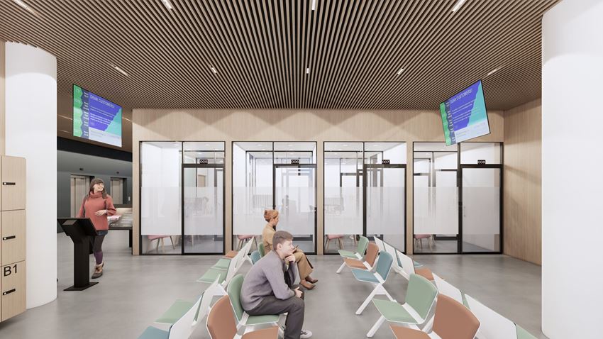 Havainnekuva Kampin terveys- ja hyvinvointikeskuksen katutason odotusaulasta