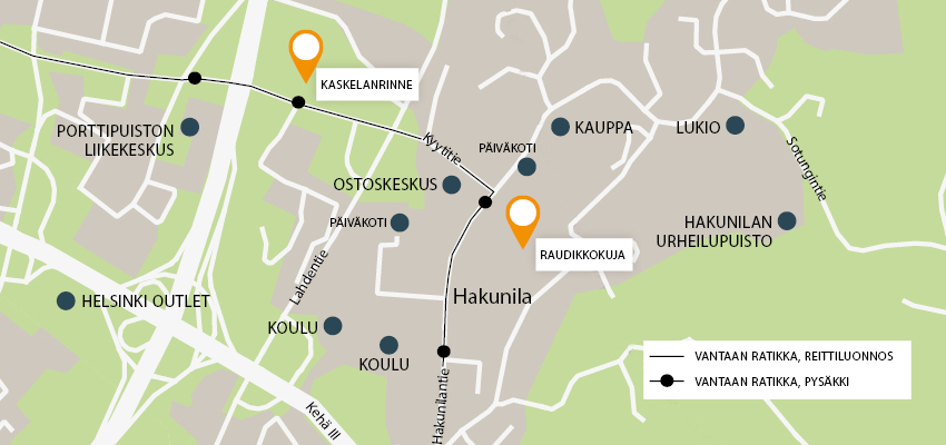 Vantaan Ratikan suunniteltu reitti kulkee Hakunilan läpi