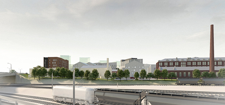 Puistokorttelissa jalava, poppeli, pyökki ja saarni ovat läsnä muun muassa kuvioina julkisivujen perforoidussa metallissa