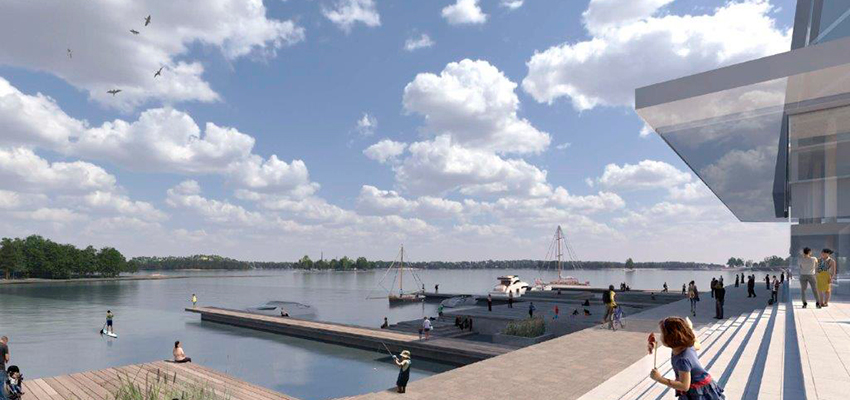 Puistokorttelissa jalava, poppeli, pyökki ja saarni ovat läsnä muun muassa kuvioina julkisivujen perforoidussa metallissa