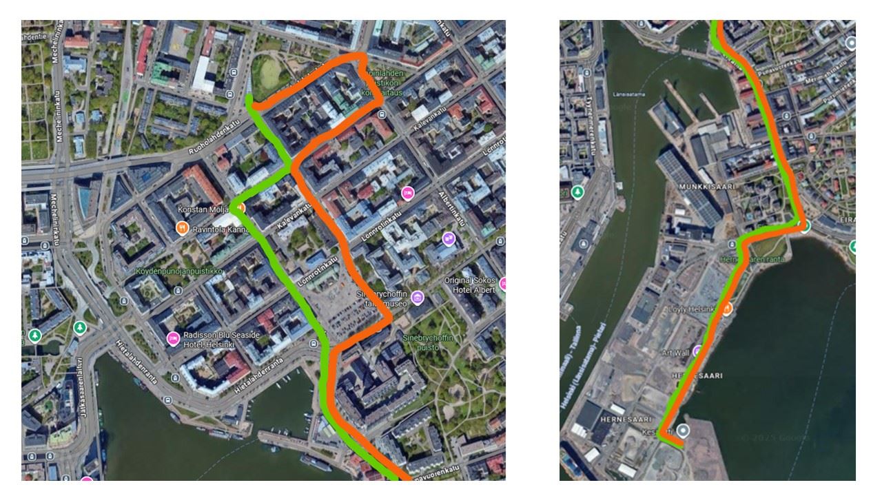 Kaksi karttakuvaa Helsingin keskustasta ja Hernesaaren alueelta. Louheen kuljetusreitti kulkee katuverkkoa pitkin Esplanadin puistosta Hernesaareen. | Två kartbilder över Helsingfors centrum och Ärtholmen. Transportvägen för tunnelmassor går via gatunätet från Esplanadparken till Ärtholmen. | Two map images showing Helsinki city centre and the Hernesaari area. The transport route for excavated rock runs along the street network from Esplanadi Park to Hernesaari. Kaksi karttakuvaa Helsingin keskustasta ja Hernesaaren alueelta. Louheen kuljetusreitti kulkee katuverkkoa pitkin Esplanadin puistosta Hernesaareen. | Två kartbilder över Helsingfors centrum och Ärtholmen. Transportvägen för tunnelmassor går via gatunätet från Esplanadparken till Ärtholmen. | Two map images showing Helsinki city centre and the Hernesaari area. The transport route for excavated rock runs along the street network from Esplanadi Park to Hernesaari.