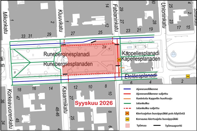 Esplanadin puiston työmaa-alue sekä arvio työmaan aikaisista kulku- ja liikennejärjestelyistä. Järjestelyihin voi tulla muutoksia työn edetessä.
